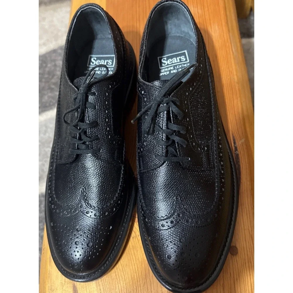 Sears Vintage Dress‎ Shoes Men's 9.5 D Wingtip Oxfords Leather Black Brogue